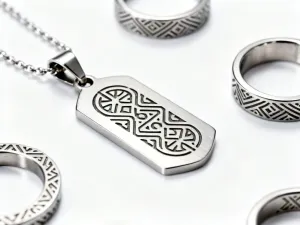 Laser engraved jewelry pendants and rings