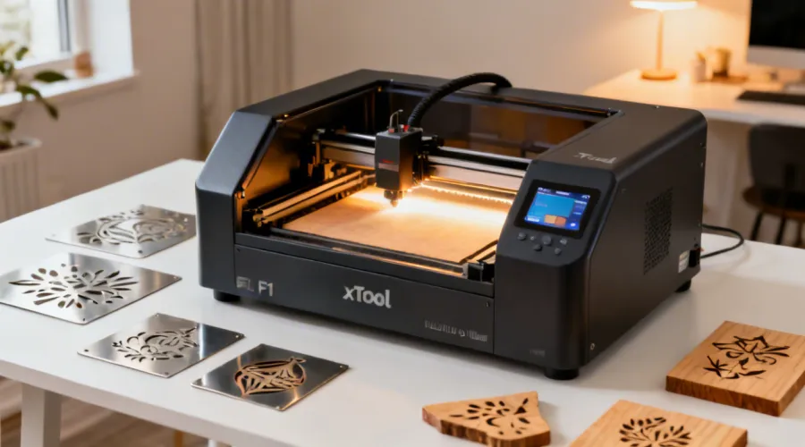 xTool F1 Ultra dual-laser engraver in a modern creative workspace